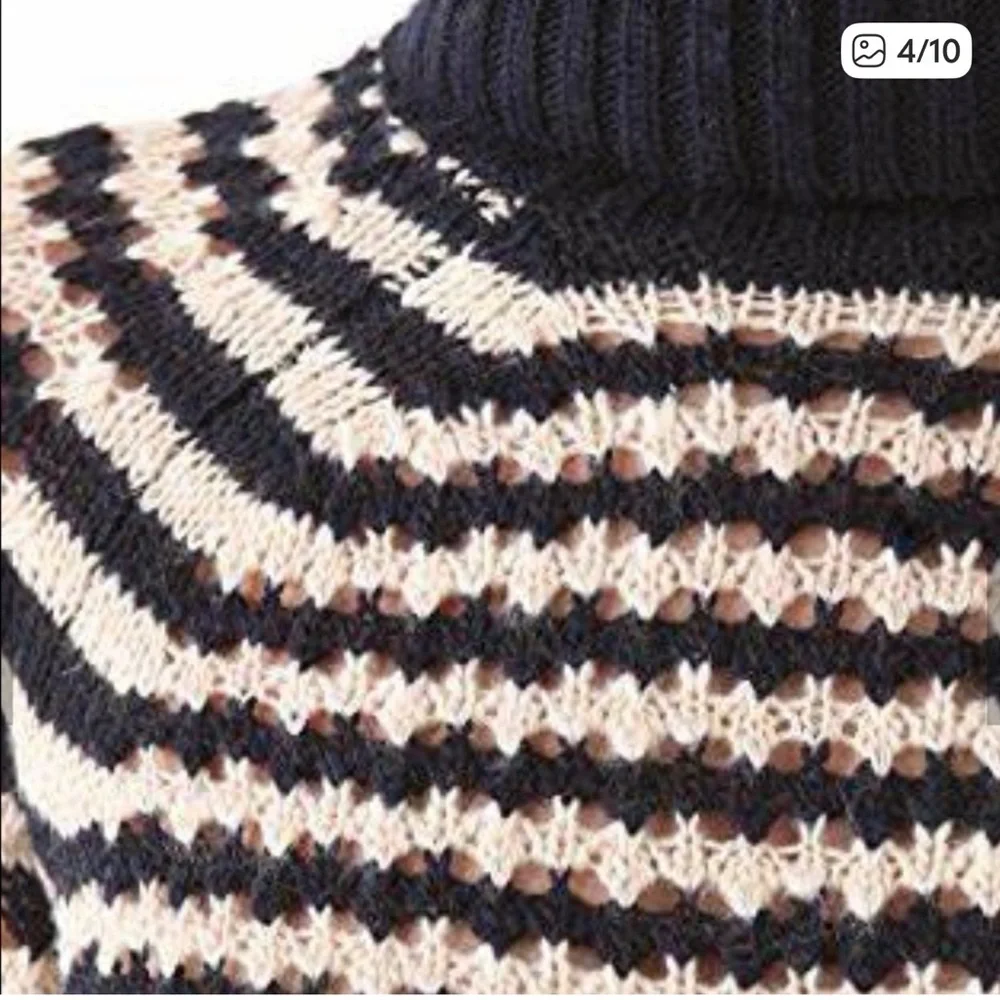 Tory Burch Carey Navy and Cream Striped Turtleneck Sweater